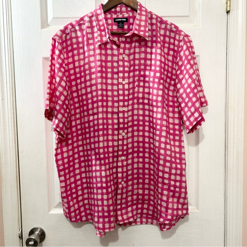 Lands' End Men's Pink and White Checkered Shirt Traditional Fit Linen Size XL
